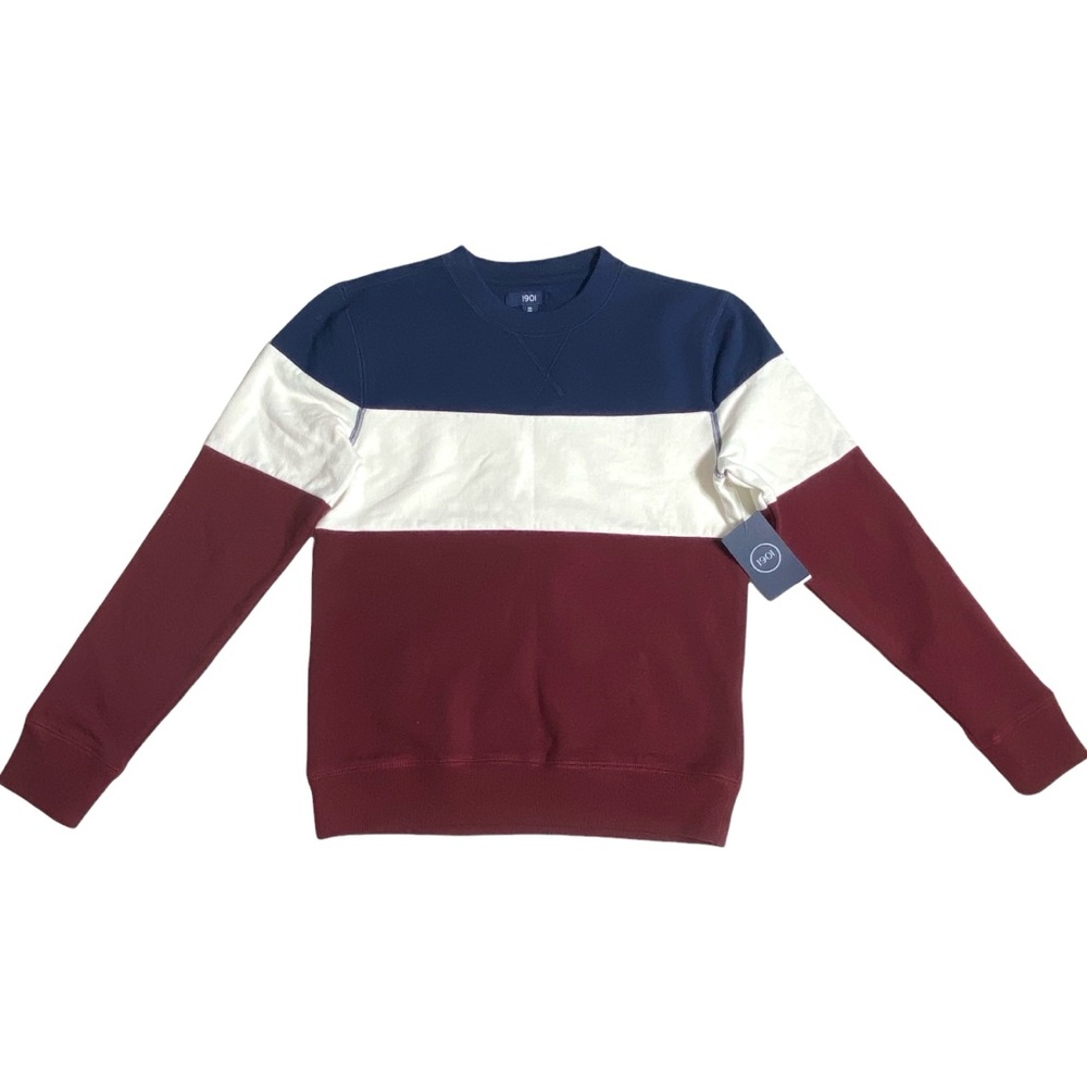 NEW Nordstrom 1901 Kids' Boys Collegiate Crewneck Sweatshirt In Red Grape Navy